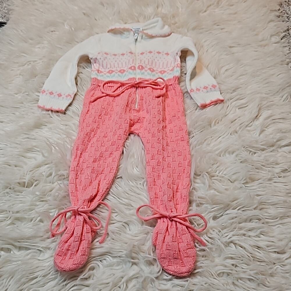 Vintage 70's Baby Girl Pink and White Sweater knit Jumpsuit One-piece